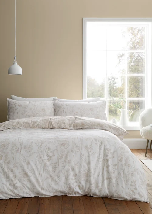 Bianca Fine Linens Brushed Cotton Floral Toile Reversible Duvet Cover Set Natural - Single Image 1