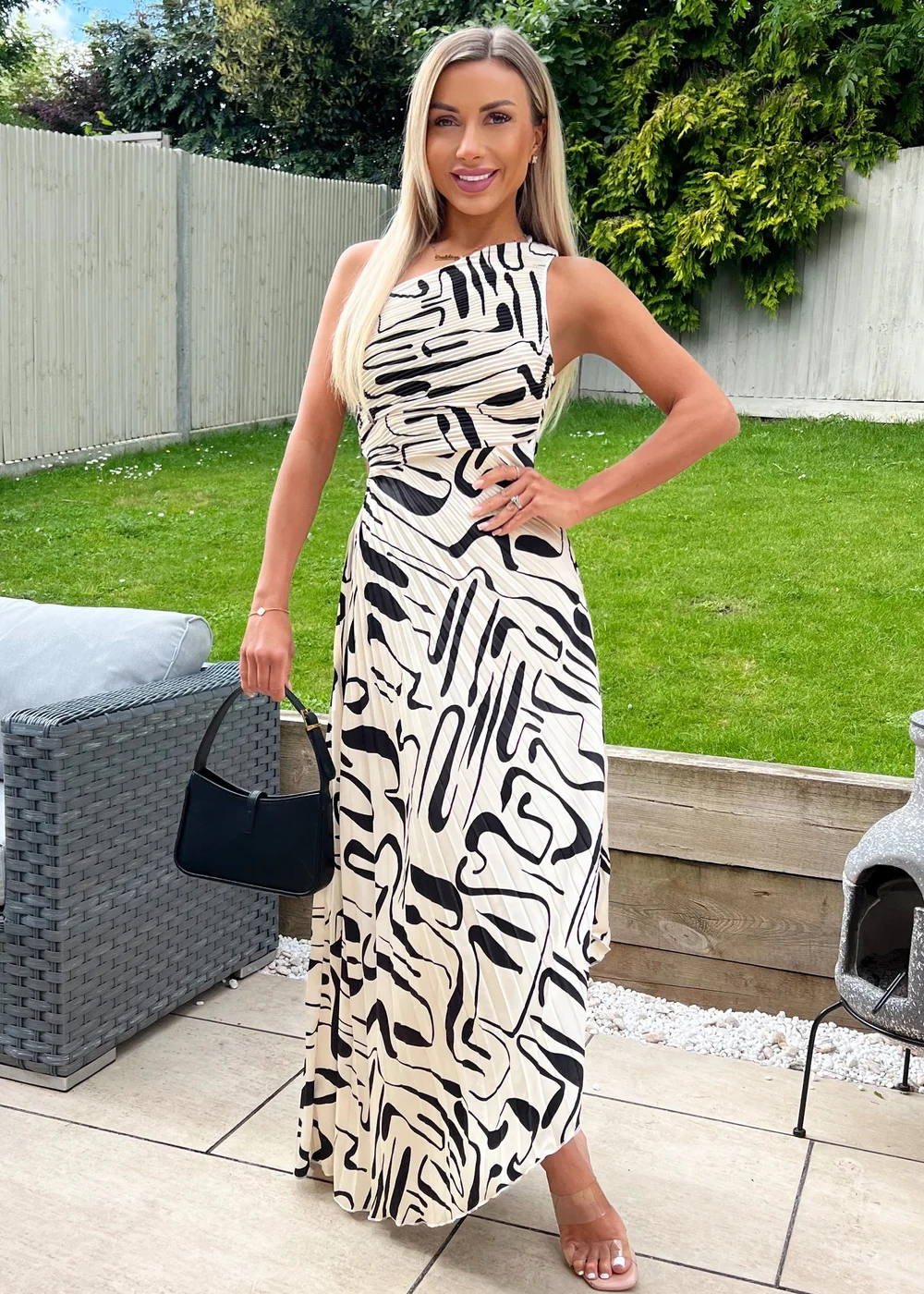 AX Paris Black and Cream Printed One Shoulder Pleated Satin Midi Dress - 8 Image 1