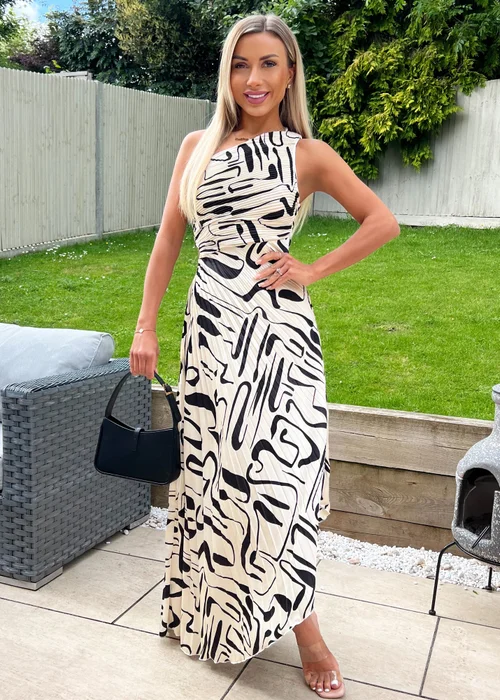 AX Paris Black and Cream Printed One Shoulder Pleated Satin Midi Dress - 8 Image 1