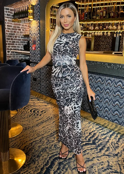AX Paris Multi Leopard Print Mesh Sleeveless Ruched Side Split Midi Dress - 8 Image 1