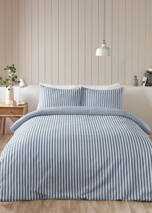 Catherine Lansfield Brushed Cotton Stripe Reversible Duvet Cover Set - Single Image 1