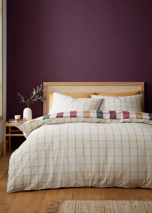 Catherine Lansfield Autumn Check Reversible Duvet Cover Set Natural Plum - Single Image 2