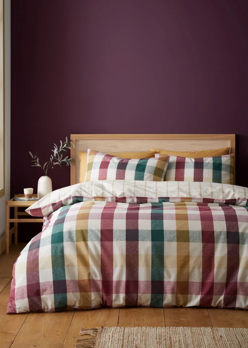 Catherine Lansfield Autumn Check Reversible Duvet Cover Set Natural Plum - Single Image 1