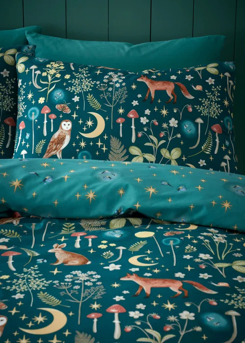 Catherine Lansfield Enchanted Twilight Animals Reversible Duvet Cover Set Forest Green - Single Image 3