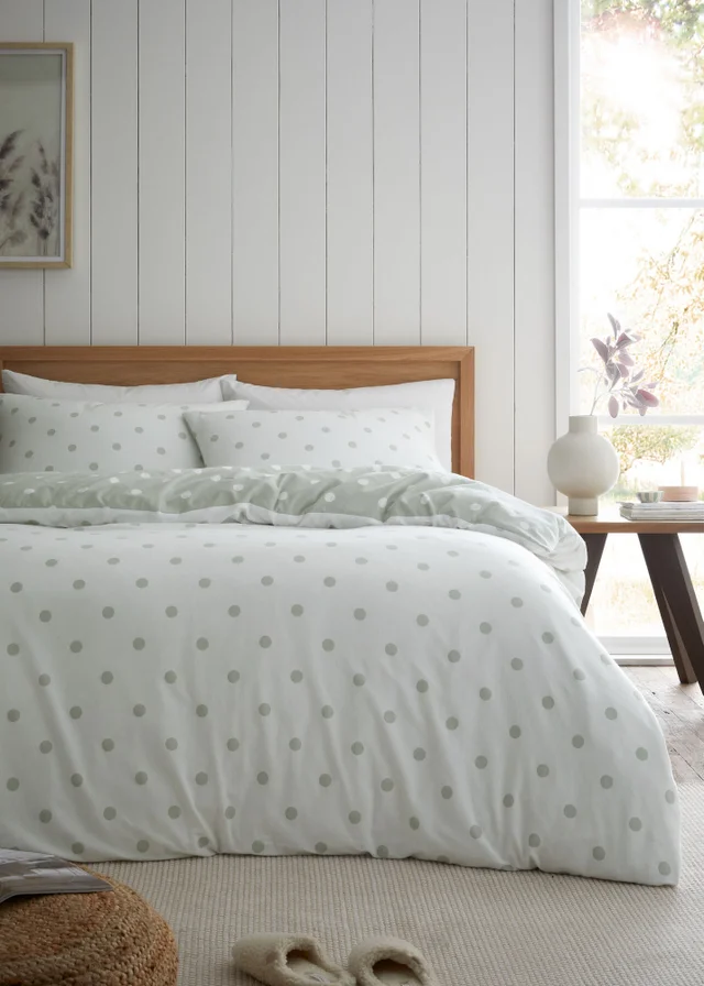 Catherine Lansfield Brushed Polka Dot Cotton Reversible Duvet Cover Set Green