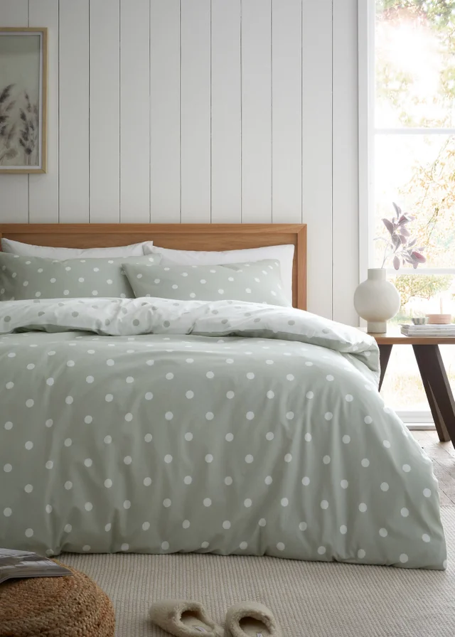 Catherine Lansfield Brushed Polka Dot Cotton Reversible Duvet Cover Set Green