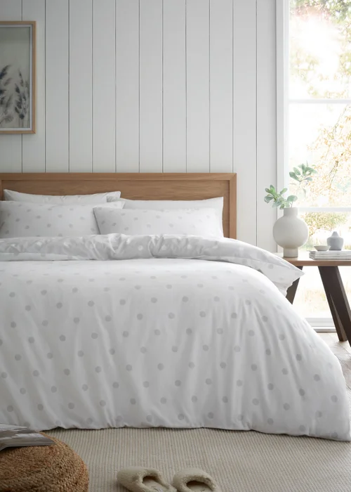 Catherine Lansfield Brushed Polka Dot Cotton Reversible Duvet Cover Set Grey - Single Image 2