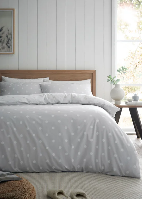 Catherine Lansfield Brushed Polka Dot Cotton Reversible Duvet Cover Set Grey - Single Image 1