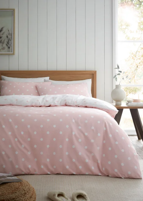 Catherine Lansfield Brushed Polka Dot Cotton Reversible Duvet Cover Set Pink - Single Image 1