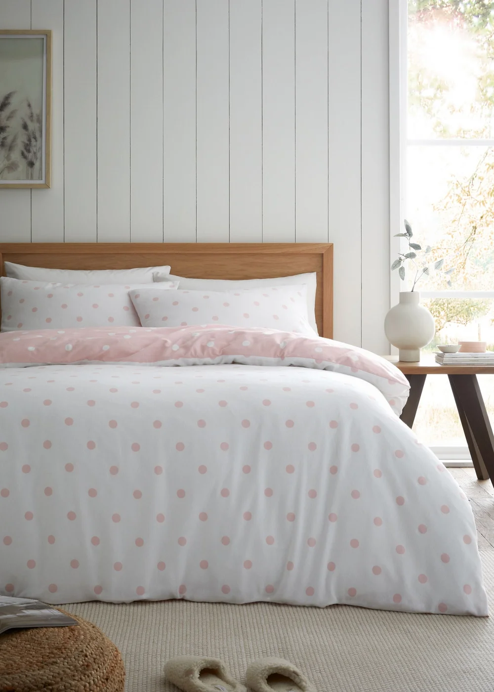 Catherine Lansfield Brushed Polka Dot Cotton Reversible Duvet Cover Set Pink - Single Image 2
