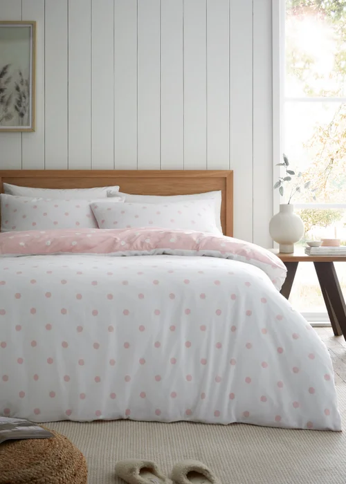 Catherine Lansfield Brushed Polka Dot Cotton Reversible Duvet Cover Set Pink - Single Image 2
