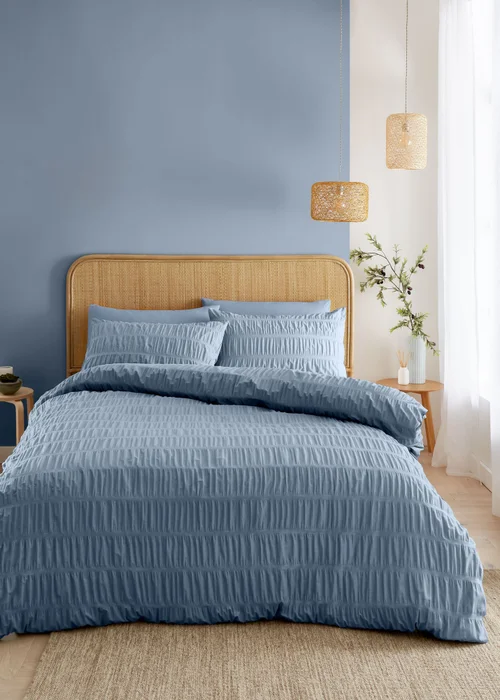 Catherine Lansfield Seersucker Duvet Cover Set Blue - Super king Image 1