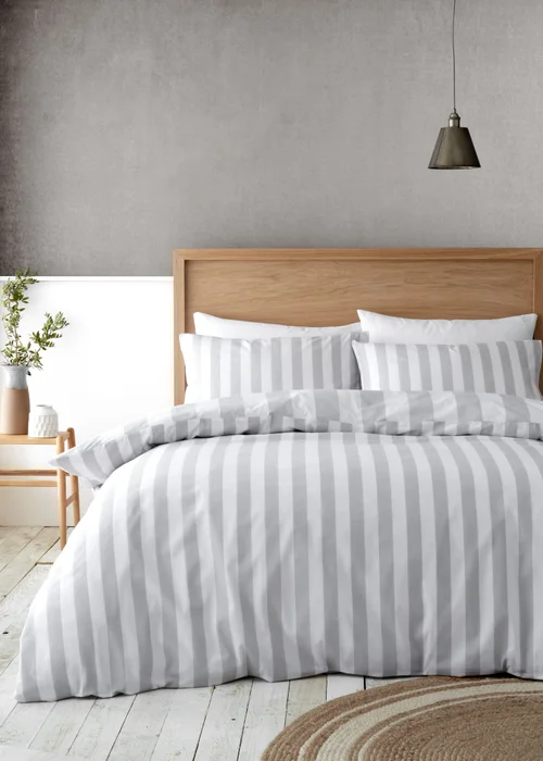 Catherine Lansfield Cove Stripe Reversible Duvet Cover Set Silver Grey - Single Image 2