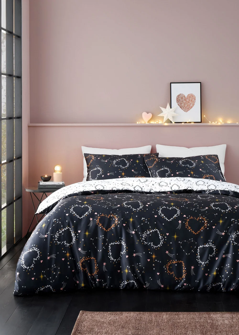 Catherine Lansfield Cosmic Hearts and Stars Reversible Duvet Cover Set - Single Image 1