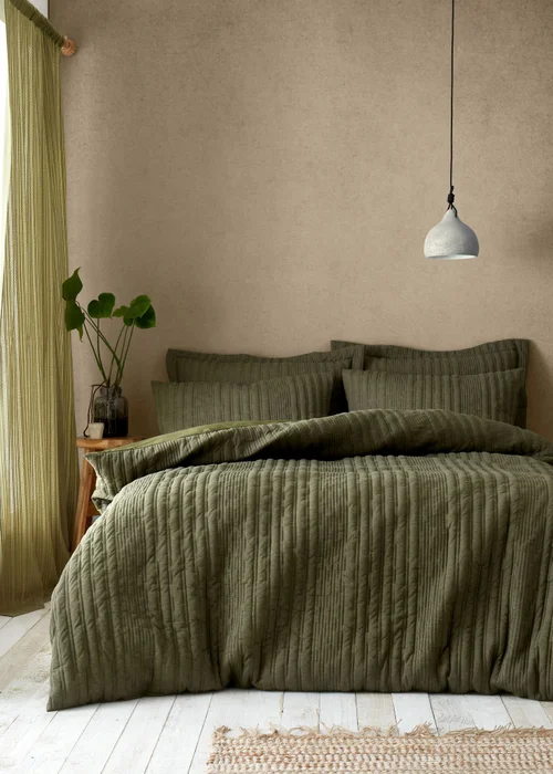 Pineapple Elephant Tamba Jersey Stripe Quilted Duvet Cover Set Olive Green - Single Image 1