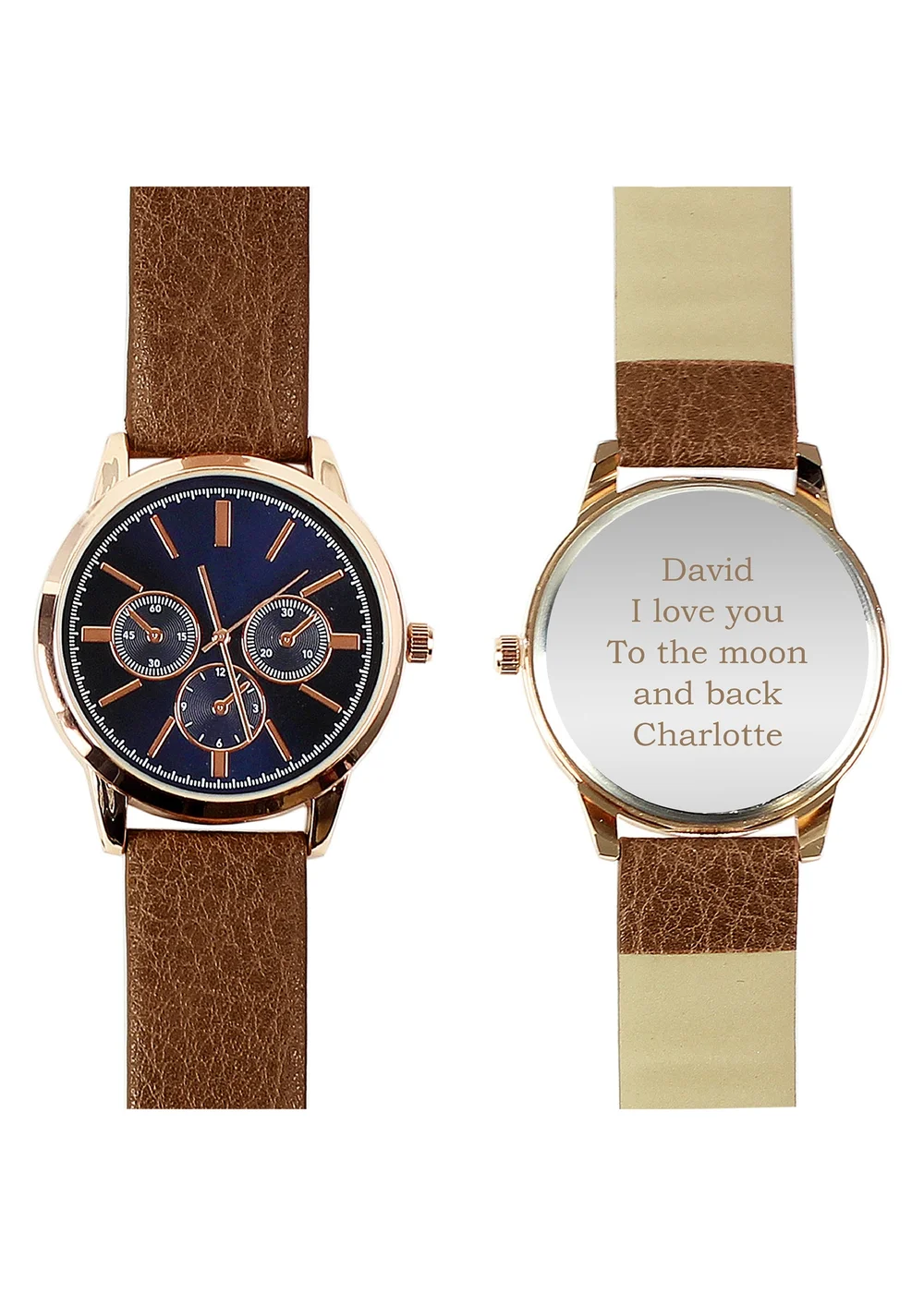 Personalised Memento Company Rose Gold Mens Watch with Brown Strap and Presentation Box - One Size Image 2