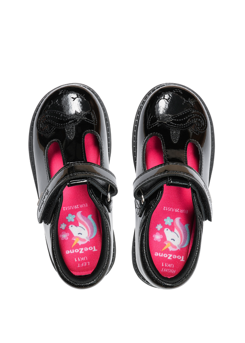 ToeZone Black Ellie Patent Coated Leather Rip Tape Unicorn School Shoe (Younger 8- Older 3) - 1 Image 3