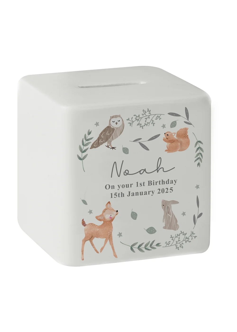 Personalised Memento Company White Woodland Animals Ceramic Square Money Box - One Size Image 3