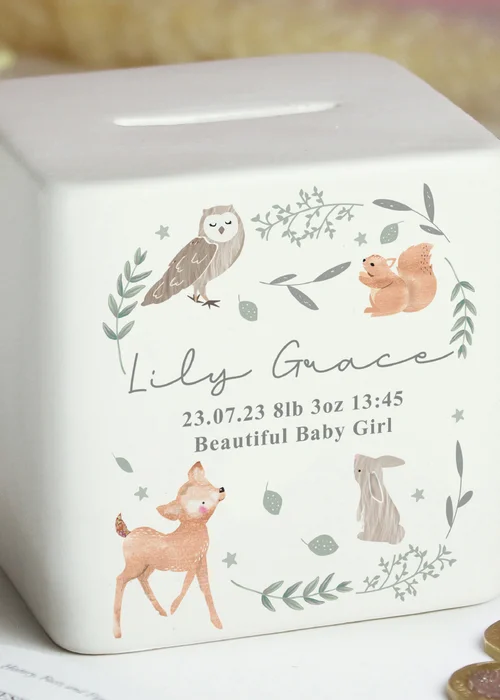 Personalised Memento Company White Woodland Animals Ceramic Square Money Box - One Size Image 2