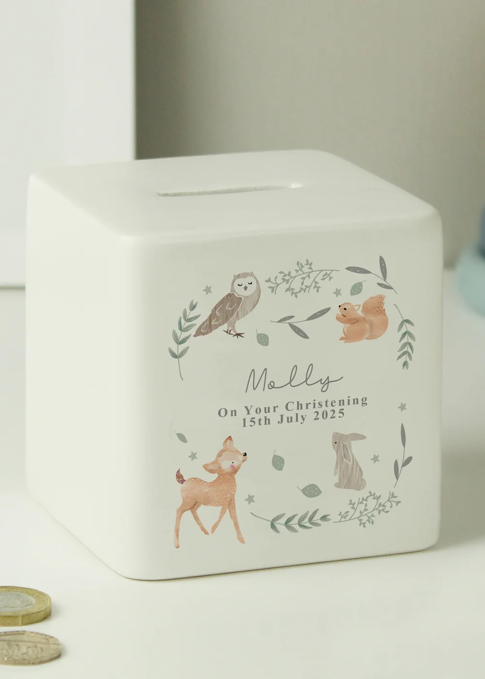 Personalised Memento Company White Woodland Animals Ceramic Square Money Box - One Size Image 1