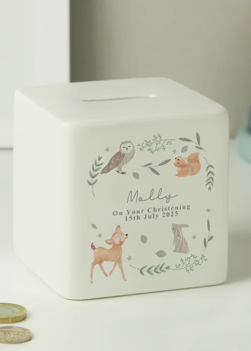Personalised Memento Company White Woodland Animals Ceramic Square Money Box - One Size Image 1