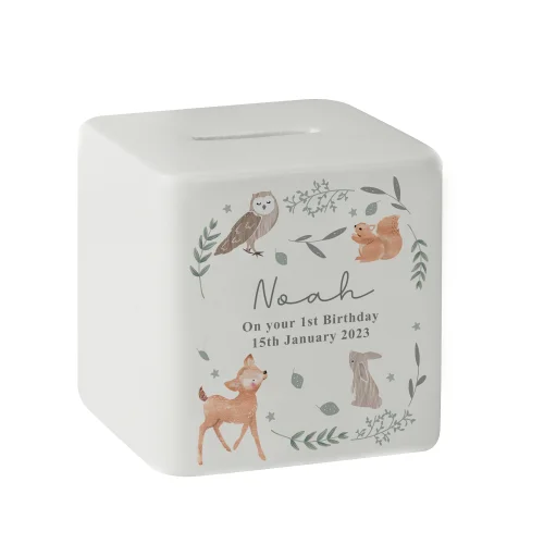 Personalised Memento Company White Woodland Animals Ceramic Square Money Box - One Size Image 5