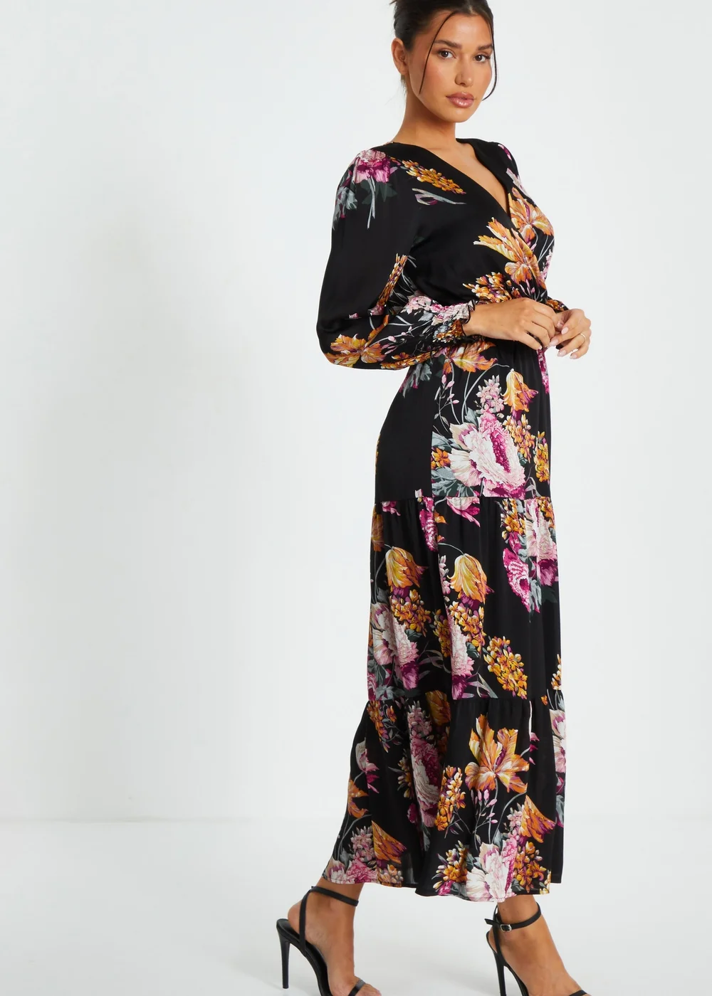 Quiz Black Floral Chiffon Tiered Midaxi Dress - 8 Image 3