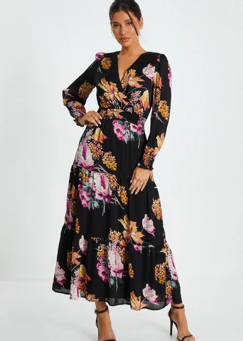 Quiz Black Floral Chiffon Tiered Midaxi Dress - 8 Image 1
