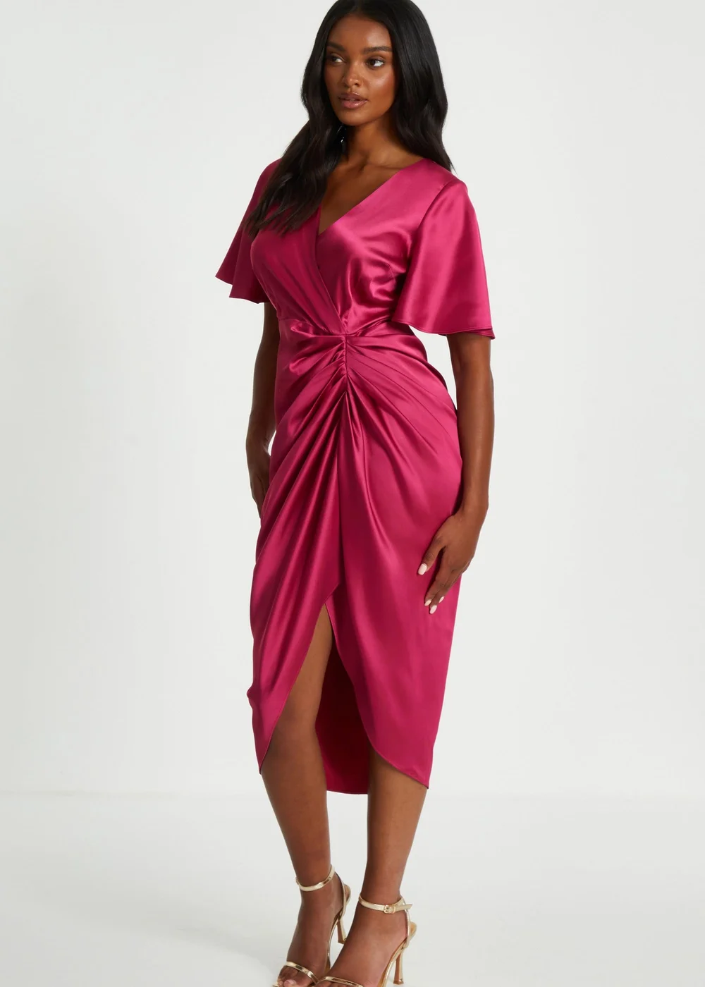 Quiz Red Satin Ruched Wrap Midi Dress - 8 Image 3