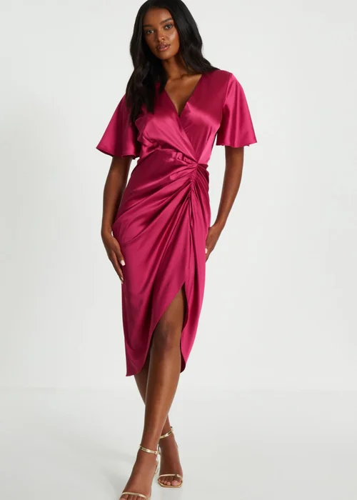 Quiz Red Satin Ruched Wrap Midi Dress - 8 Image 1