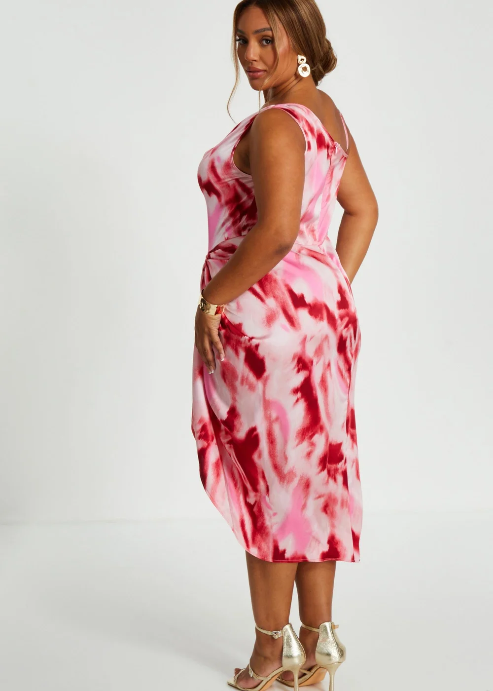 Quiz Pink Curve Satin Marble Print Midi Dress - 16 Image 2