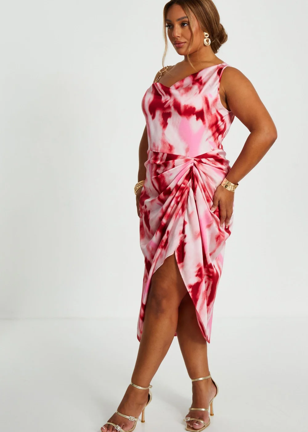 Quiz Pink Curve Satin Marble Print Midi Dress - 16 Image 3