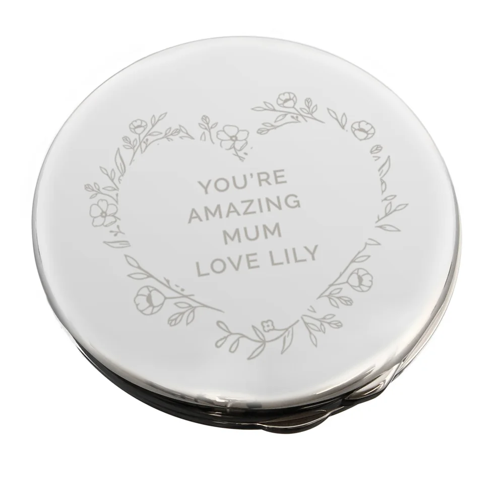 Personalised Memento Company Silver Floral Heart Compact Mirror - One Size Image 5