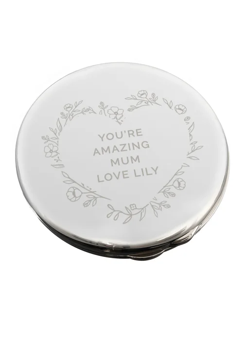 Personalised Memento Company Silver Floral Heart Compact Mirror - One Size Image 1