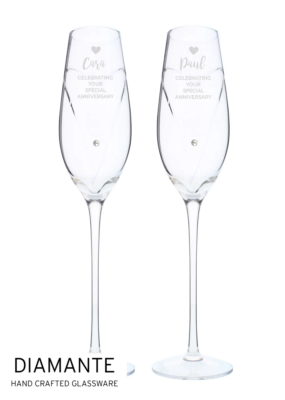 Personalised Memento Company Clear Hand Cut Heart Celebration Pair of Flutes with Gift Box - One Size Image 1