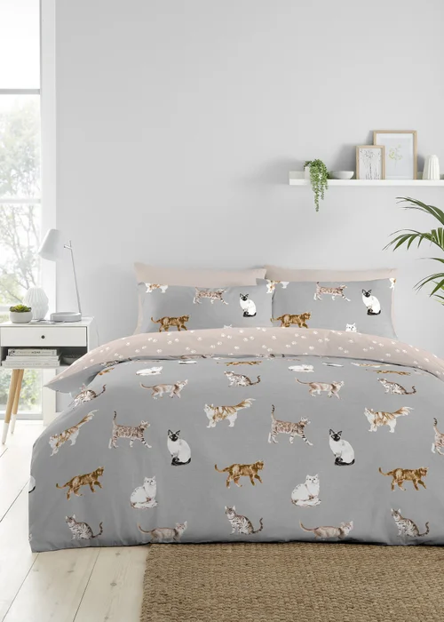 Fusion Cats Grey Duvet Cover Set - Single Image 1