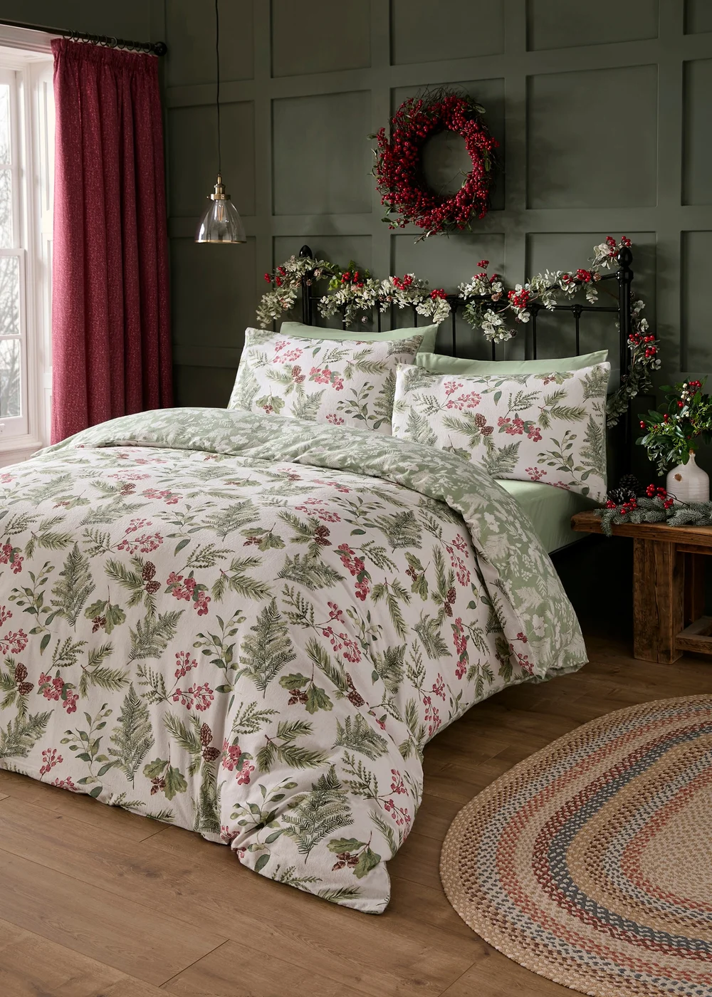 Dreams & Drapes Lodge Winter Sprigs Christmas Green Duvet Cover Set - Single Image 1