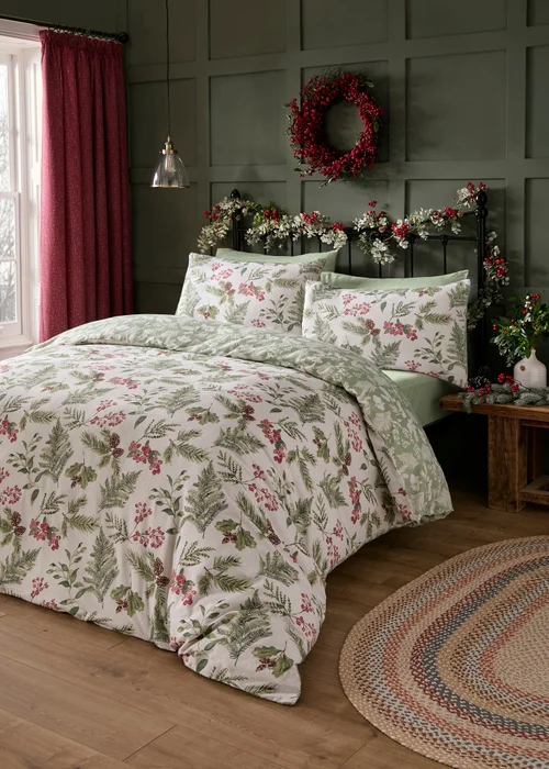 Dreams & Drapes Lodge Winter Sprigs Christmas Green Duvet Cover Set - Single Image 1
