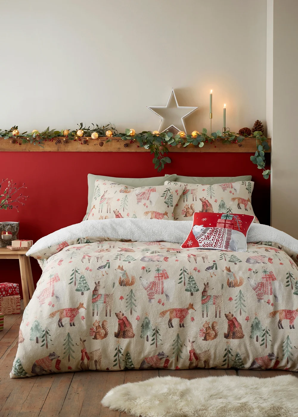 Fusion Christmas Woodland Animals Natural Plush Duvet Cover Set - Single Image 4