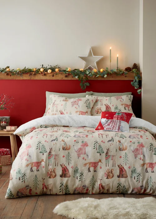 Fusion Christmas Woodland Animals Natural Plush Duvet Cover Set - Single Image 4
