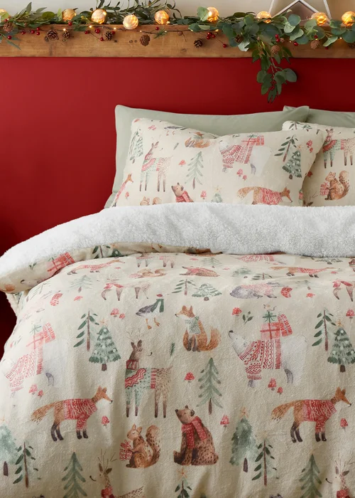 Fusion Christmas Woodland Animals Natural Plush Duvet Cover Set - Single Image 2
