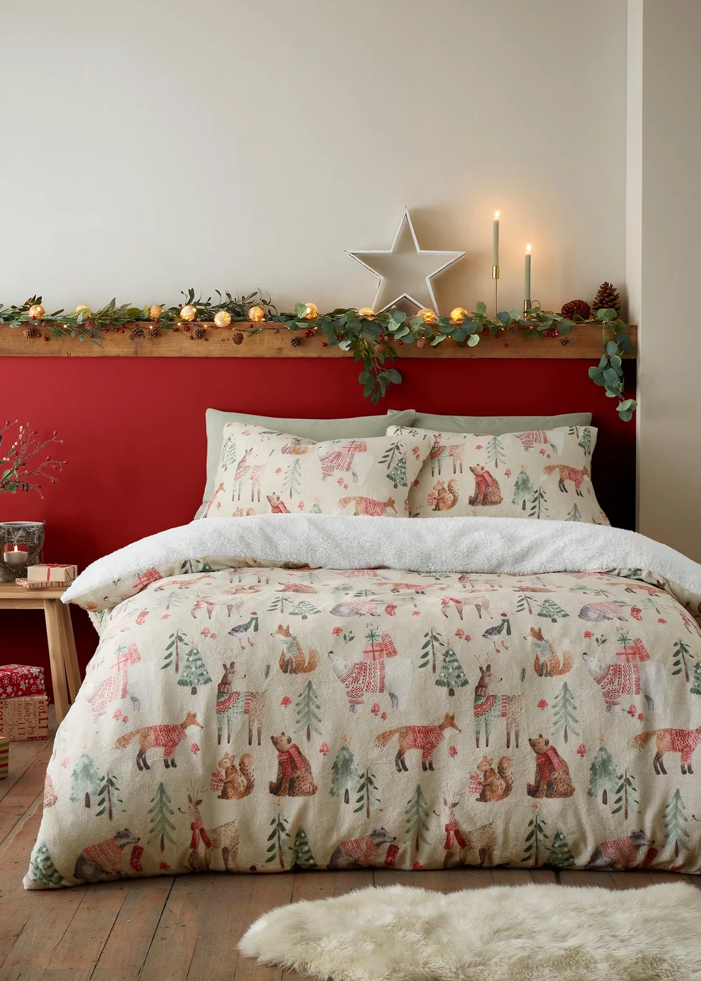 Fusion Christmas Woodland Animals Natural Plush Duvet Cover Set - Single Image 1