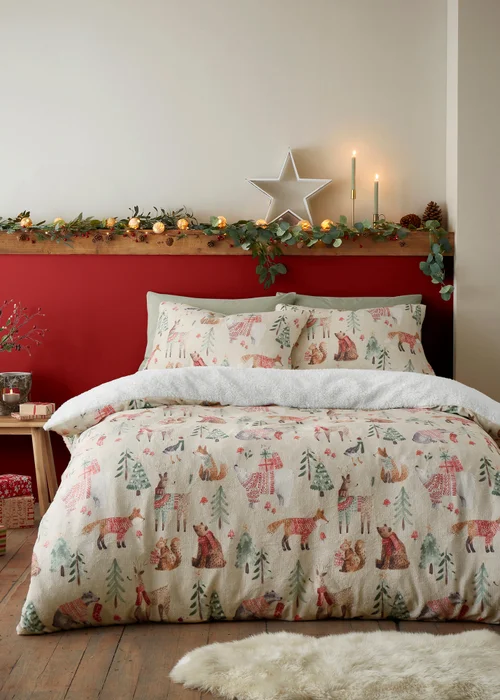 Fusion Christmas Woodland Animals Natural Plush Duvet Cover Set - Single Image 1