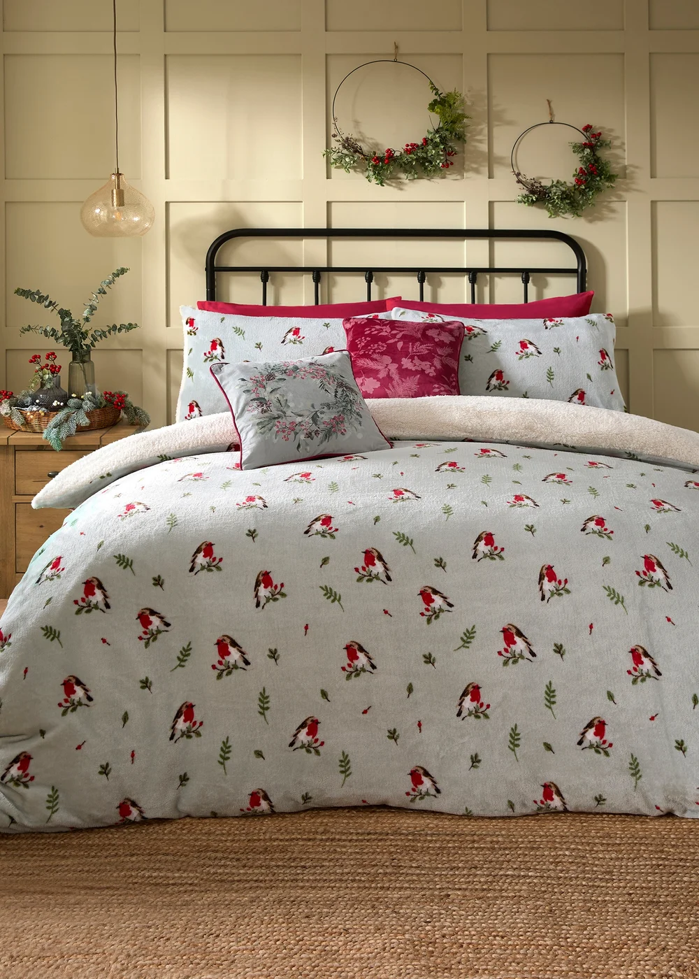 Dreams & Drapes Lodge Winter Robin Christmas Blue Plush Duvet Cover Set - Single Image 4