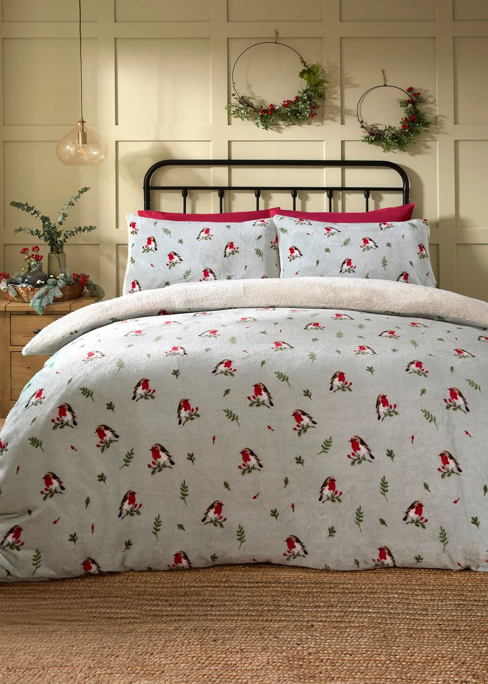 Dreams & Drapes Lodge Winter Robin Christmas Blue Plush Duvet Cover Set - Single Image 1