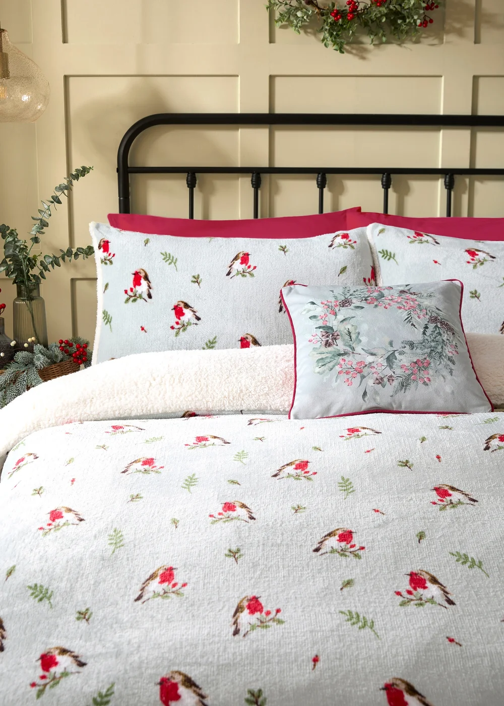 Dreams & Drapes Lodge Winter Robin Christmas Blue Plush Duvet Cover Set - Single Image 2