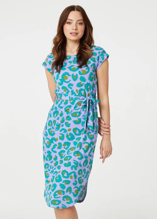 Izabel London Purple Animal Print Cap Sleeve Jersey Dress - 8 Image 1