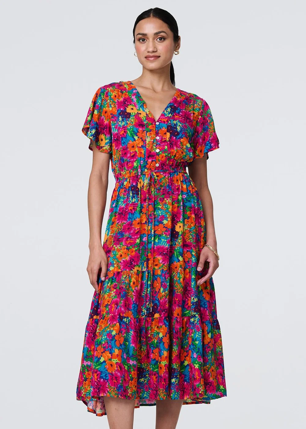 Izabel London Pink Floral Short Sleeve Tie Waist Dress - 8 Image 1
