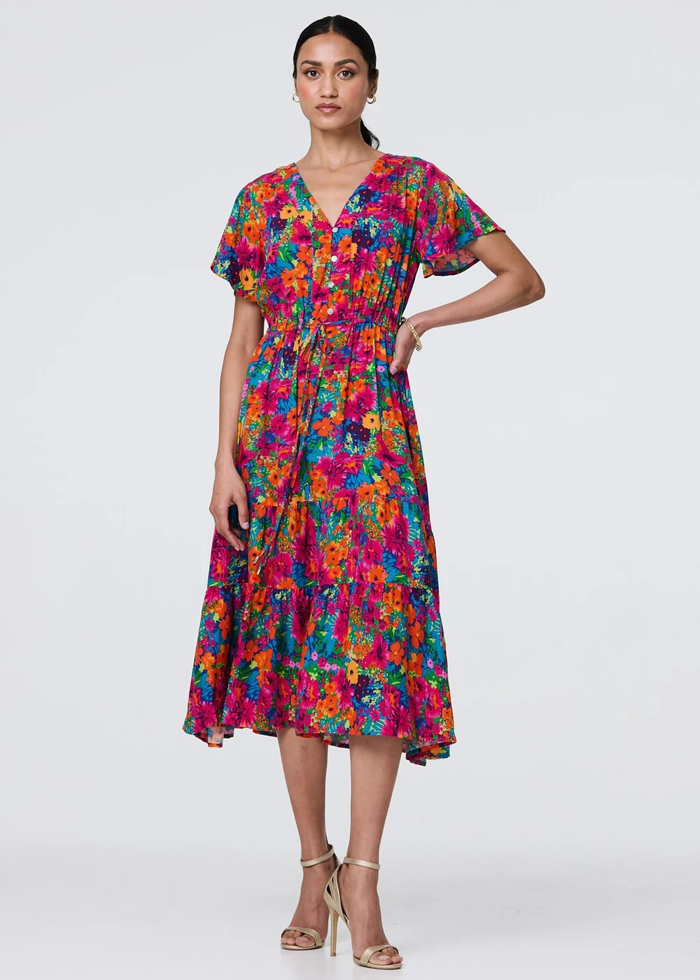 Izabel London Pink Floral Short Sleeve Tie Waist Dress - 8 Image 4