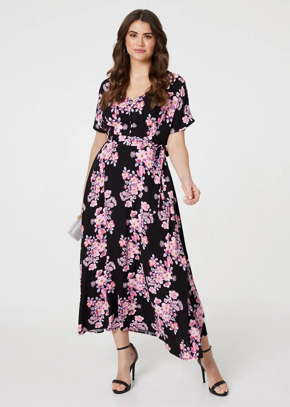 Izabel London Pink Floral V-Neck Maxi Dress with Belt - 8 Image 1